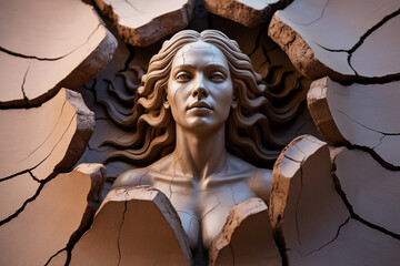 "Symbolic Clay Sculpture of Woman Rising from Cracked Earth – Art of Strength and Rebirth