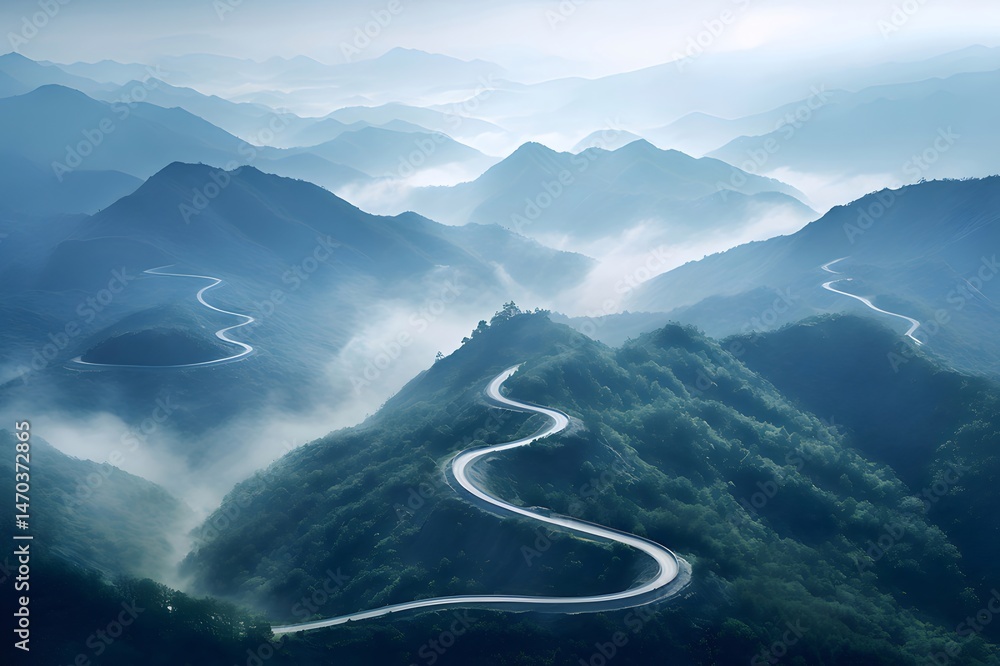Aufkleber 霧のベールに包まれた緑豊かな山々を蛇行する曲がりくねった道 絵画のような風景の中の自然の美しさの魅惑的な航空写真