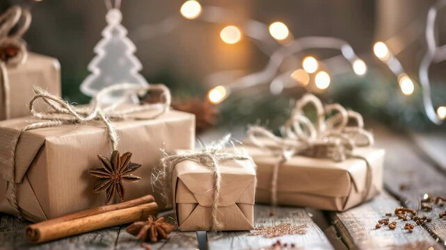 Cozy Christmas setting showcasing presents wrapped in kraft paper, tied with string, and adorned with spices on a wooden table against blurred festive lights. Warm and inviting holiday scene.