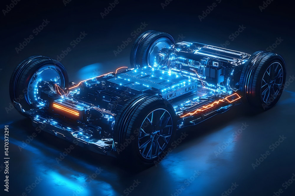Aufkleber 青いネオンライトで照らされた電気自動車シャーシの未来的な概念を示す技術的なレンダリング図解
