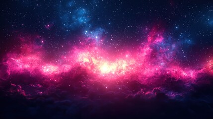Fototapeta premium A vibrant nebula glows with pink and blue hues, its swirling clouds illuminated by a central bright core, set against a backdrop of countless stars
