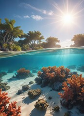 Sunbeams illuminate vibrant coral reef, sandy seabed  Azure water, sun dappled ,  texture,  tropical,  underwater world