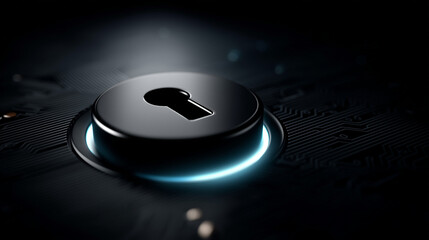 Futuristic keyhole integrated into a glowing circuit board, symbolizing advanced cybersecurity, encrypted access, and digital data protection in technology
