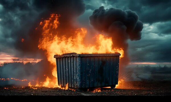 Dumpster ablaze with fire and smoke