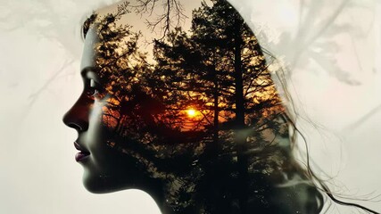 Captivating portrait showcasing a woman's profile merged with a serene forest landscape at sunset in stunning 4k quality