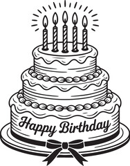 Layered Birthday Cake with Candles – Black and White Line Art Illustration