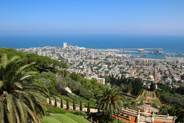 Spectacular View of Bahá'í Gardens and Shrine of the Báb in Haifa, Israel Overlooking the City...
