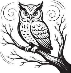 Owl Perched on Tree Branch – Line Art Silhouette Illustration