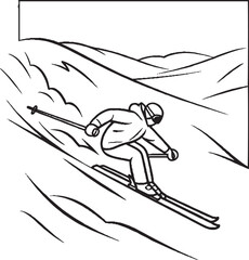 Skier Racing Downhill – Black and White Line Art Illustration
