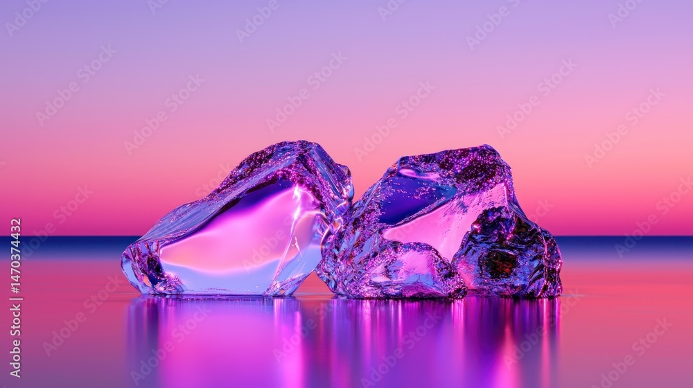 Poster two polished ice crystal formations reflect light in an ambient setting