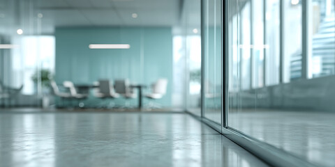 Sleek office floor near glass partition, blurred background showing modern meeting room, showcasing clean design and professional workspace, ideal for business presentations
