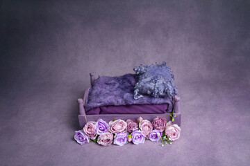 Newborn Baby Bed Prop with Lavender Roses and Floral Arrangement