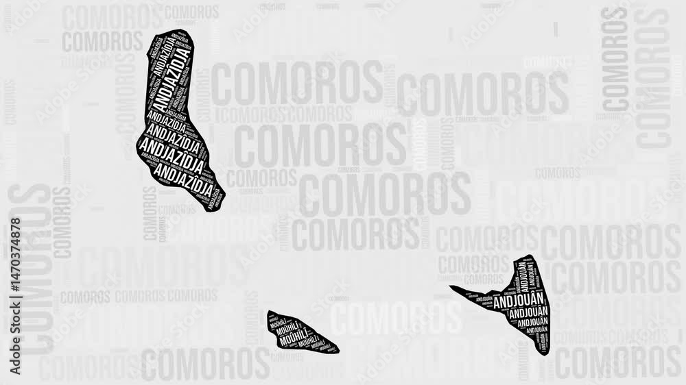 Poster Comoros Animation. Visual effect of Comoros regions appearing in black and white word clouds style. Country intro video. Trending Animated Motion Graphics.