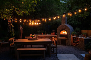 Outdoor kitchen with pizza oven and string lights illuminating backyard dining area
