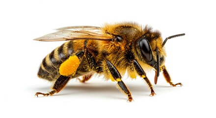 close-up of a honey bee isolated on a white background, detailed wings and fuzzy body visible.