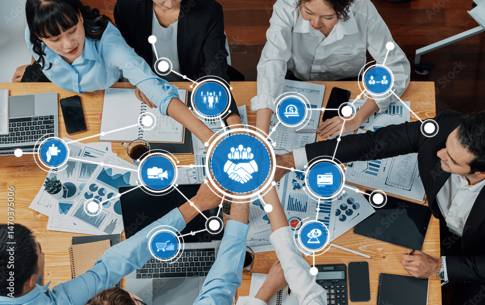 Poster a diverse group of professionals collaborates over data and analytics, illustrating teamwork and mod
