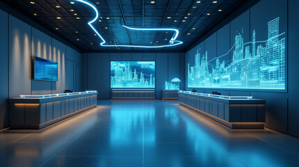 Modern bank interior with empty counters, glowing digital transaction graphs floating in the air, futuristic yet realistic.