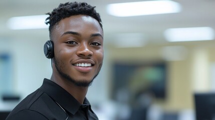 Smiling young man wearing headset, likely a customer service representative in an office