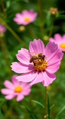 A honeybee collecting pollen from a pink cosmos flower in a green garden