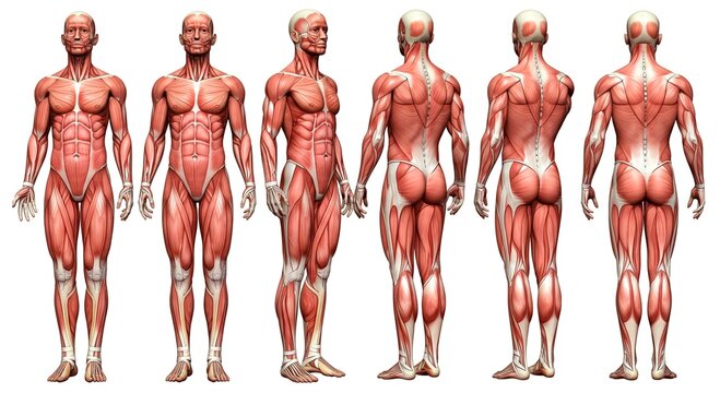 Illustration of human muscular system from multiple angles on white background
