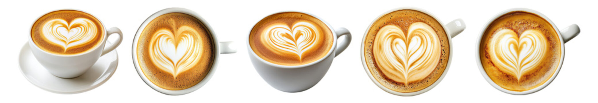 Beautiful latte art coffee cups with heart designs in sequence, Isolated on Transparent, white background
