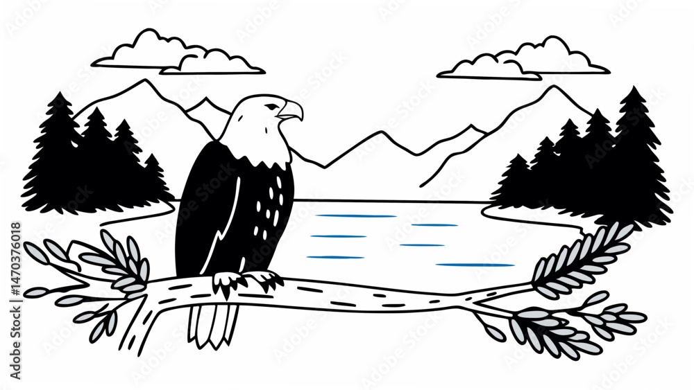 Poster eagle perched on a branch with mountains lake and trees in the background in a black and white illus