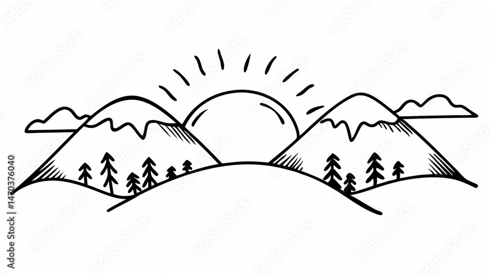 Poster a simple line drawing of mountains with snow peaks trees and a rising sun in the background view cre