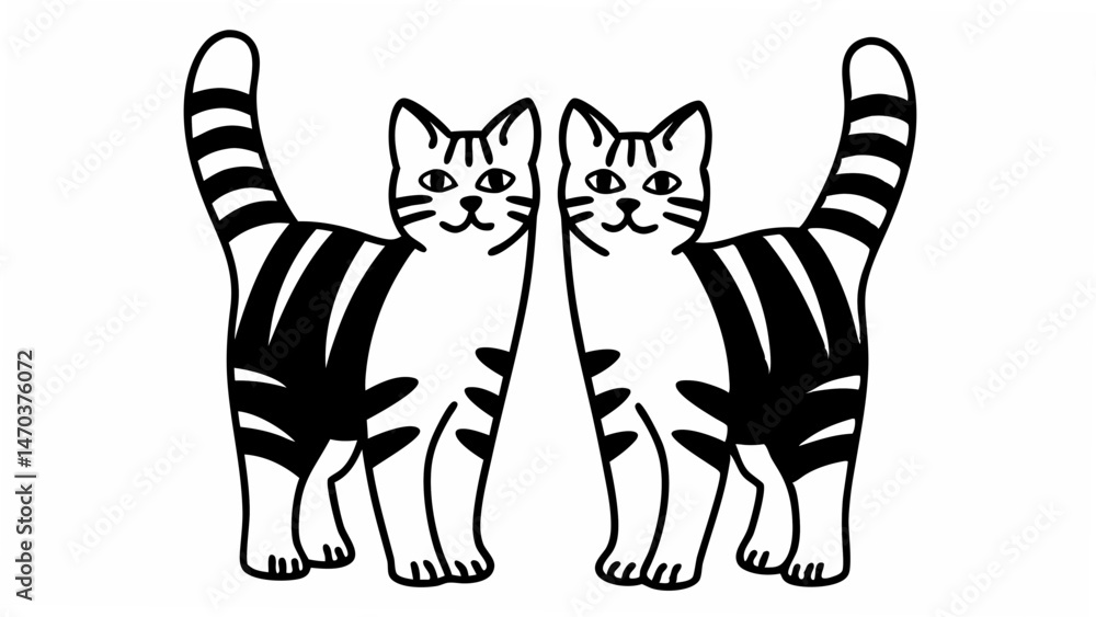 Poster two stylized cats with black stripes standing side by side in a symmetrical composition design art c