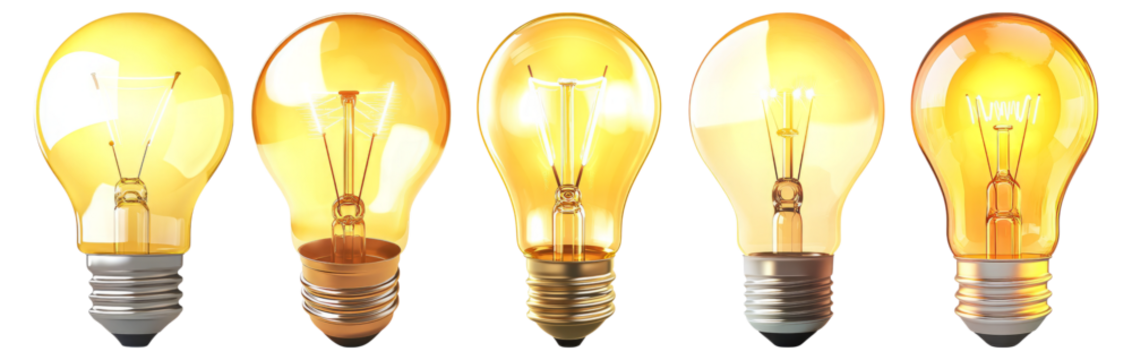 Five Glowing Light Bulbs in Various Designs and Shapes, Isolated on Transparent, white background