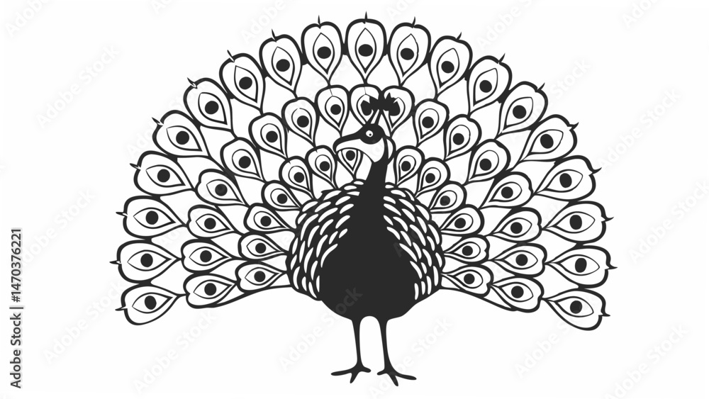 Poster Detailed line art of a peacock with its feathers fully displayed in a symmetrical pattern design created with generated ai