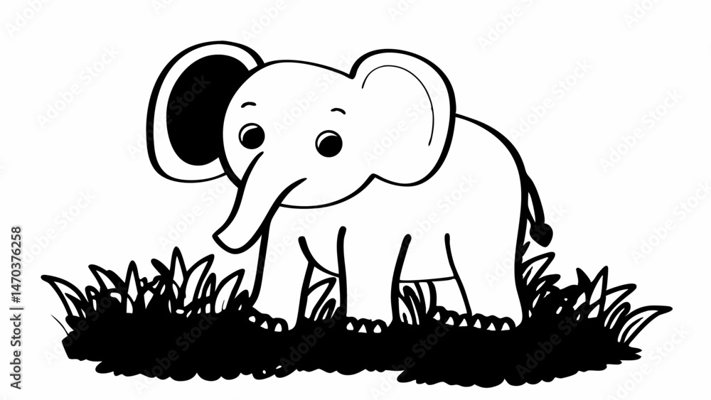 Poster cartoon elephant standing in grass with large ears and a small tail in black and white outline style