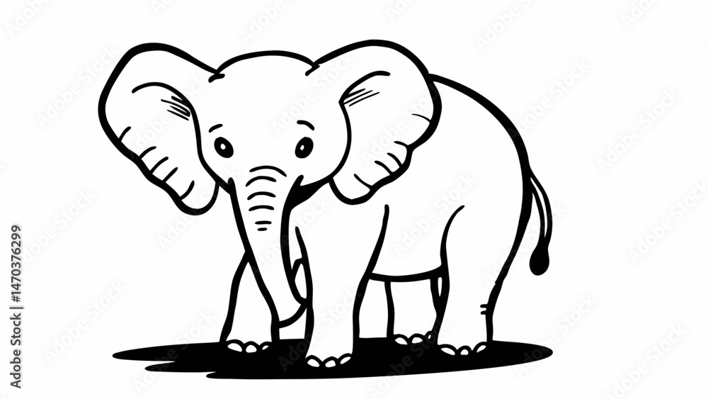 Poster illustration of a cartoon elephant with large ears and a curled trunk standing on a shadow area crea