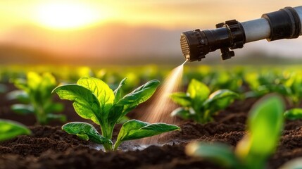 The watering of young green plants in agricultural field