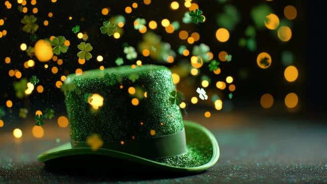Bright green glitter-covered top hat with shamrocks floating around, surrounded by glowing golden bokeh particles against a dark background