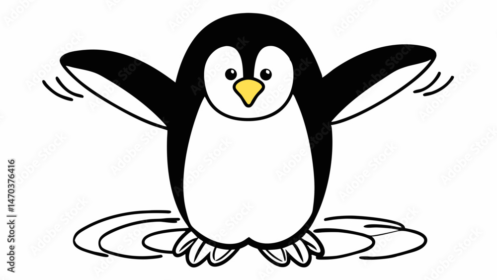 Poster cartoon penguin with open wings standing on ice with a yellow beak and black and white feathers crea