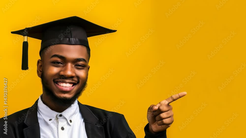 Poster a graduate wearing a cap and gown smiles broadly and points to the side against a bright yellow back