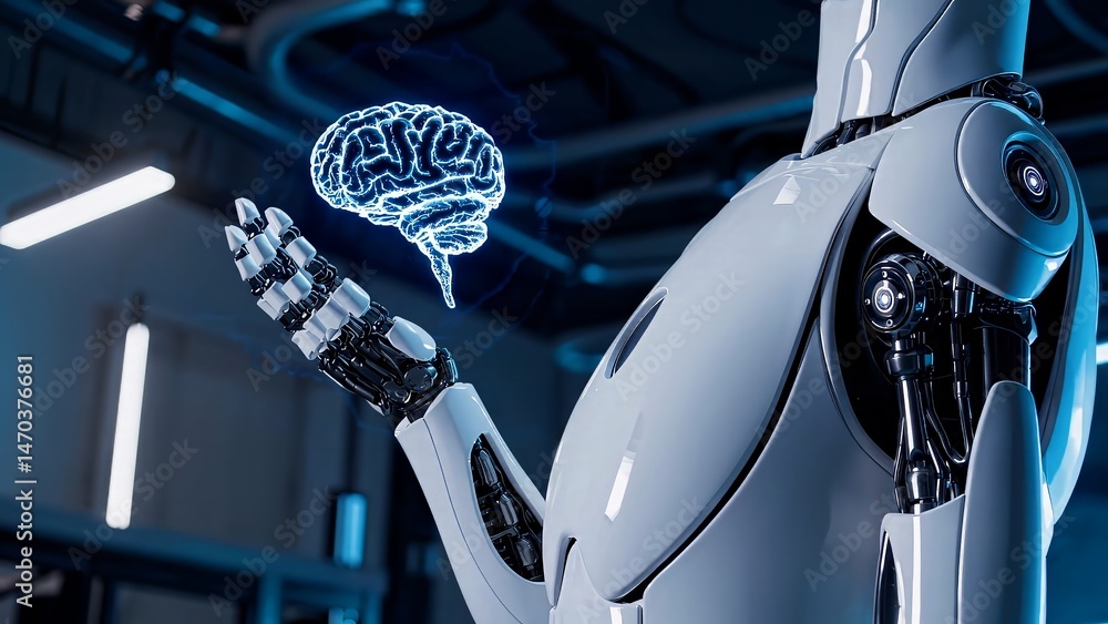 Poster humanoid robot grasping holographic brain projection, visualizing advanced ai technology within slee