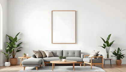Vertical blank frame mockup in living room interior with indoor plants on empty white wall background. 3D rendering. illustration. White tone
