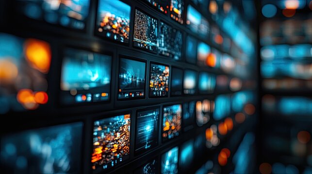 Array of multiple screens displaying various images with a blurred background and blue tones