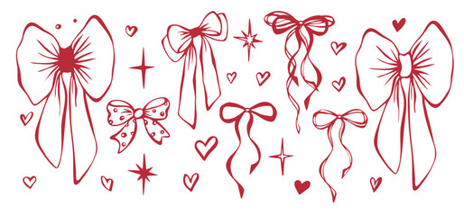 Red bows, stars and whimsical hearts. Set of isolated objects EPS vector. Line art hand-drawn illustration. Coquette core. Contours, silhouettes. Elements for romantic invitation and greeting card.