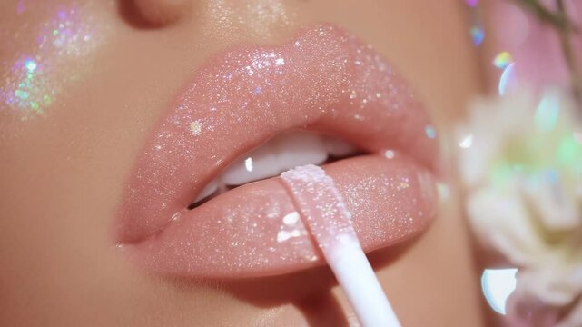 Sparkly nude-pink gloss enhances smooth lips with a glossy finish, surrounded by soft lighting and floral accents creating a feminine and luxurious beauty vibe