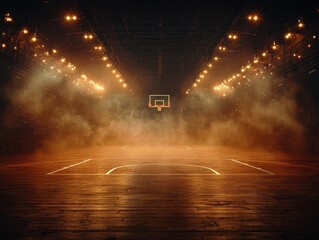 Empty basketball court, dimly lit with smoke, wooden floor, hoop at center