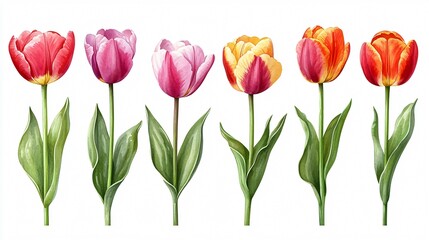Fototapeta premium Elegant Set of Tulips Flowers on White Background, Watercolor Painting