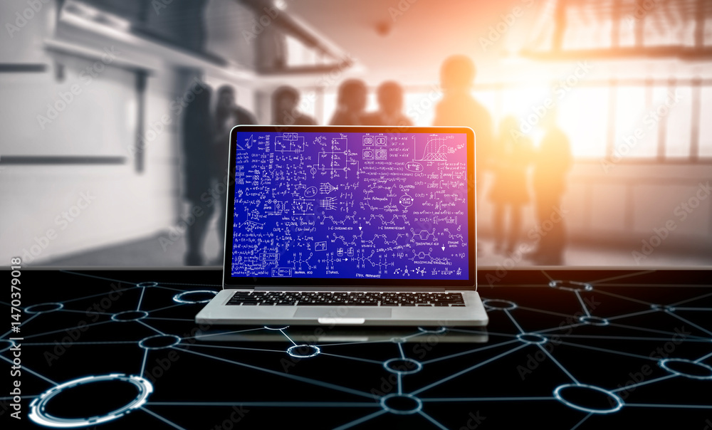 Poster mathematic equations and modish formula on computer screen showing concept of science and education