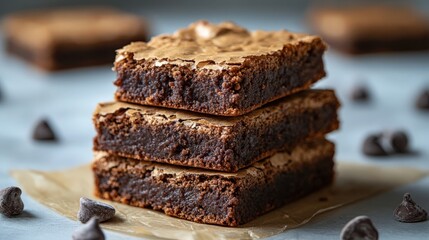 Delicious homemade brownies stacked on a light blue surface with chocolate chips