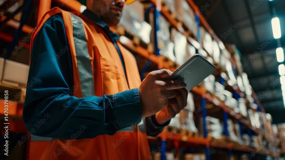 Poster a man wearing a reflective orange vest is using a tablet in a warehouse. shelves full of stacked ite