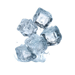 Sparkling Ice Cubes Falling with Water Splashes on Transparent Background Refreshing Drink Summer Texture Cool Ice Cubes Frozen Water