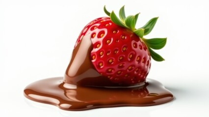 A vibrant strawberry dipped in rich, glossy chocolate sauce, creating a delicious and indulgent dessert moment