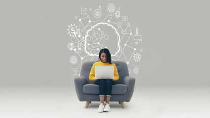A woman is sitting in a grey chair and using a laptop. There are white graphics surrounding her head with symbols to convey ideas, innovation, and connection in the digital era. - Powered by Adobe