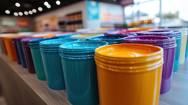 Colorful plastic cups arranged on display showcasing vibrant hues and appealing design